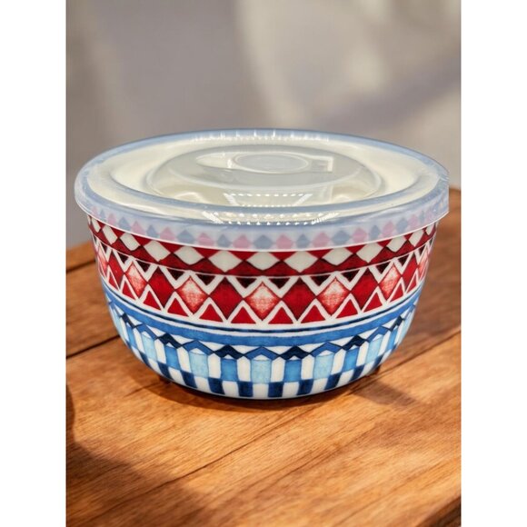 Signature Housewares Stoneware Ceramic Aztec Design Storage Bowl w/ Lid Microwav - Picture 1 of 8